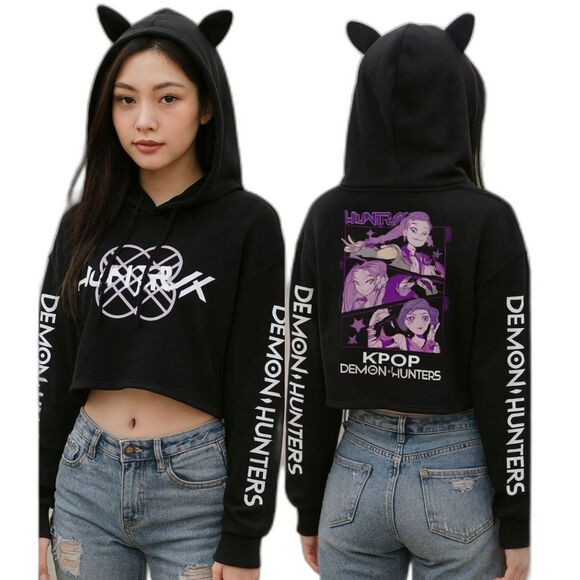 K-Pop Demon Hunters Cat-Ears Crop Hoodie – Girls Long Sleeve Sweatshirt - Picture 1 of 3
